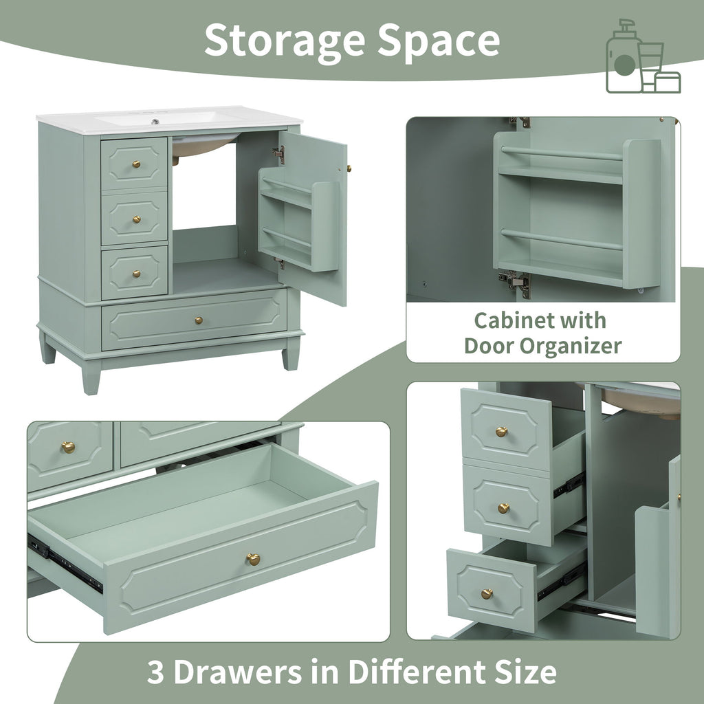 Bathroom Vanity With Sink, Freestanding Vanity Cabinet With Ceramic Basin, Soft Close Door, 3 Drawers