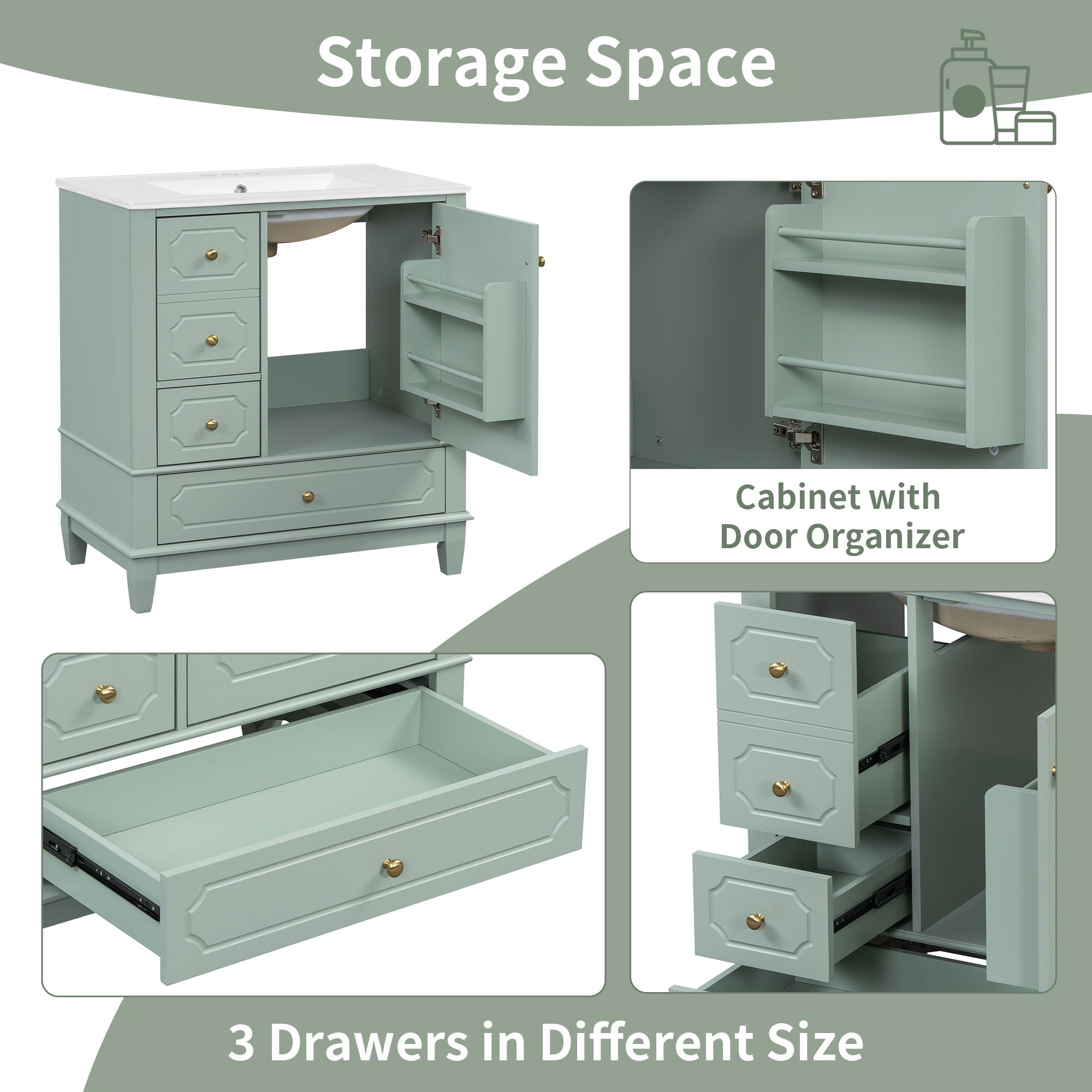 Bathroom Vanity With Sink, Freestanding Vanity Cabinet With Ceramic Basin, Soft Close Door, 3 Drawers