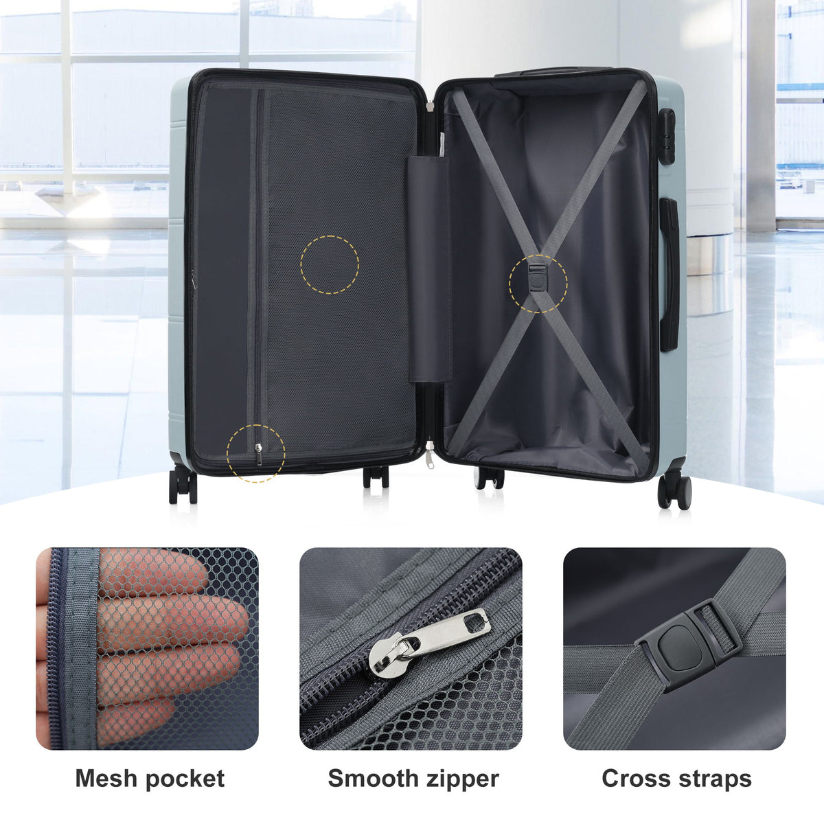 6 Piece Lightweight Hardshell Luggage Set With Double Spinner Wheels, Password Lock