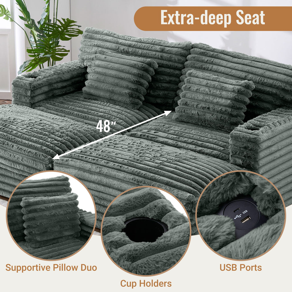 Oversized Double Chaise Lounge Sofa With USB Ports And Cup Holders