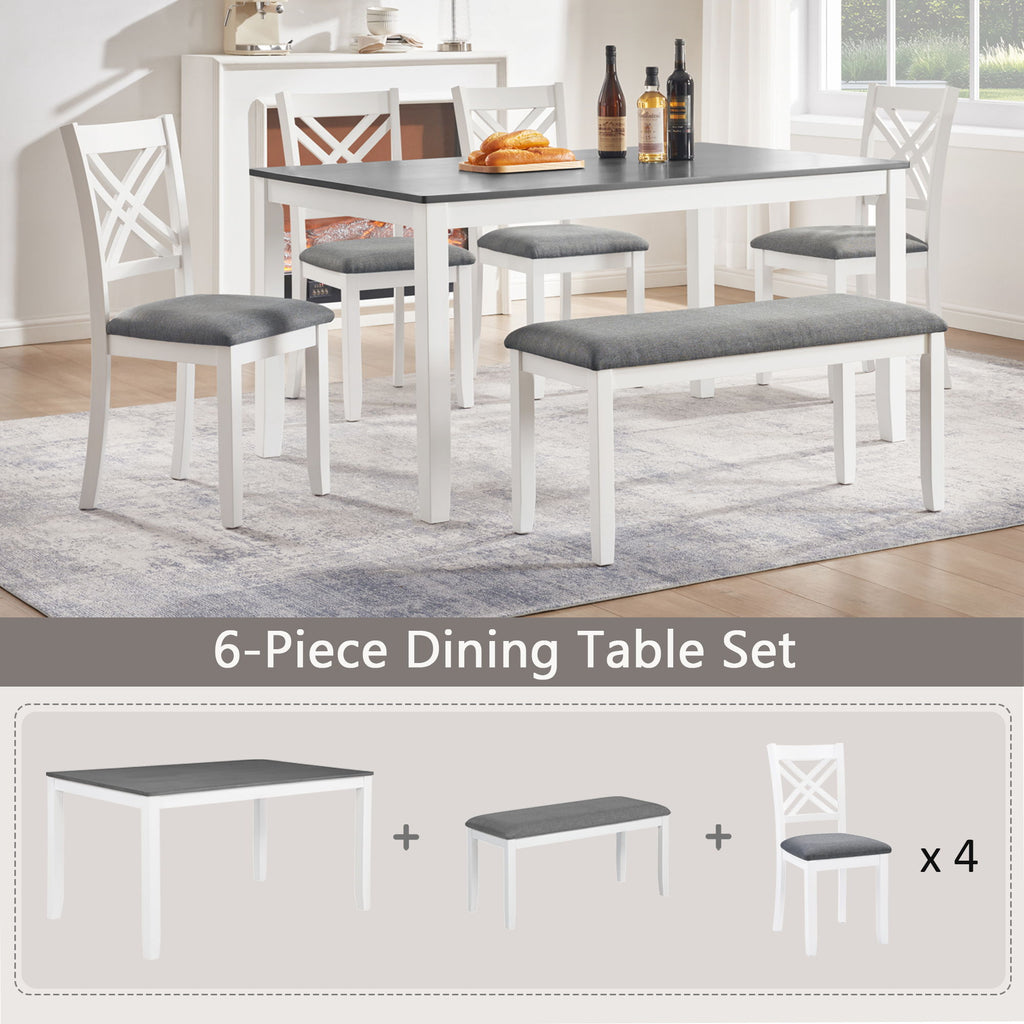 6 Piece Kitchen Dining Set, Rectangular Dining Table With 4 Upholstered Chairs And Bench - Gray / White