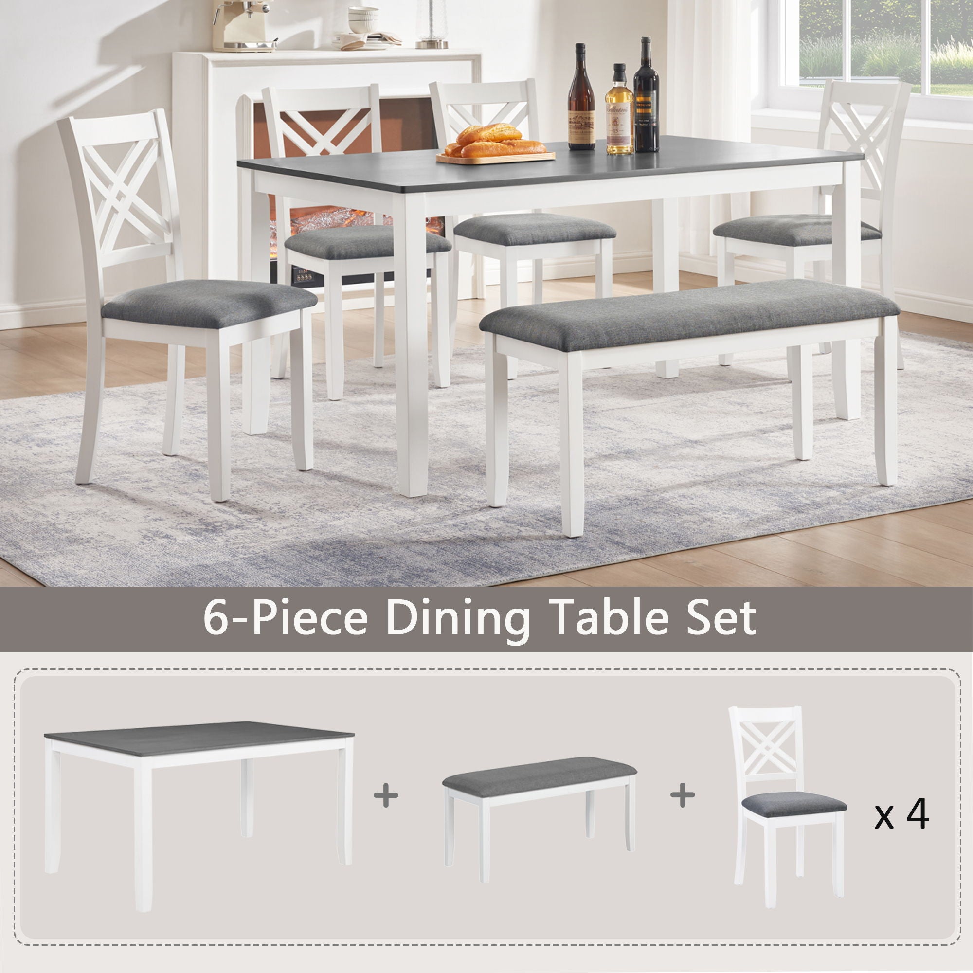 6 Piece Kitchen Dining Set, Rectangular Dining Table With 4 Upholstered Chairs And Bench - Gray / White