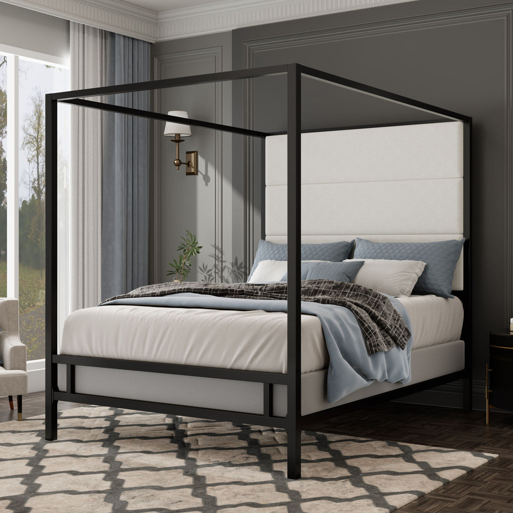 Canopy Bed With Tall Upholstered Headboard, 4 Poster Frame