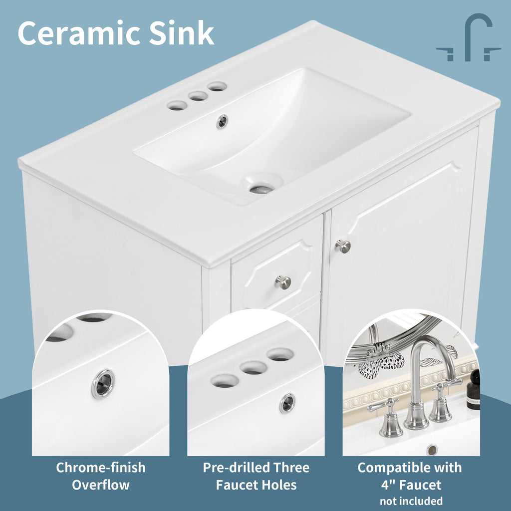 Bathroom Vanity With Sink, Freestanding Vanity Cabinet With Ceramic Basin, Soft Close Door, 3 Drawers