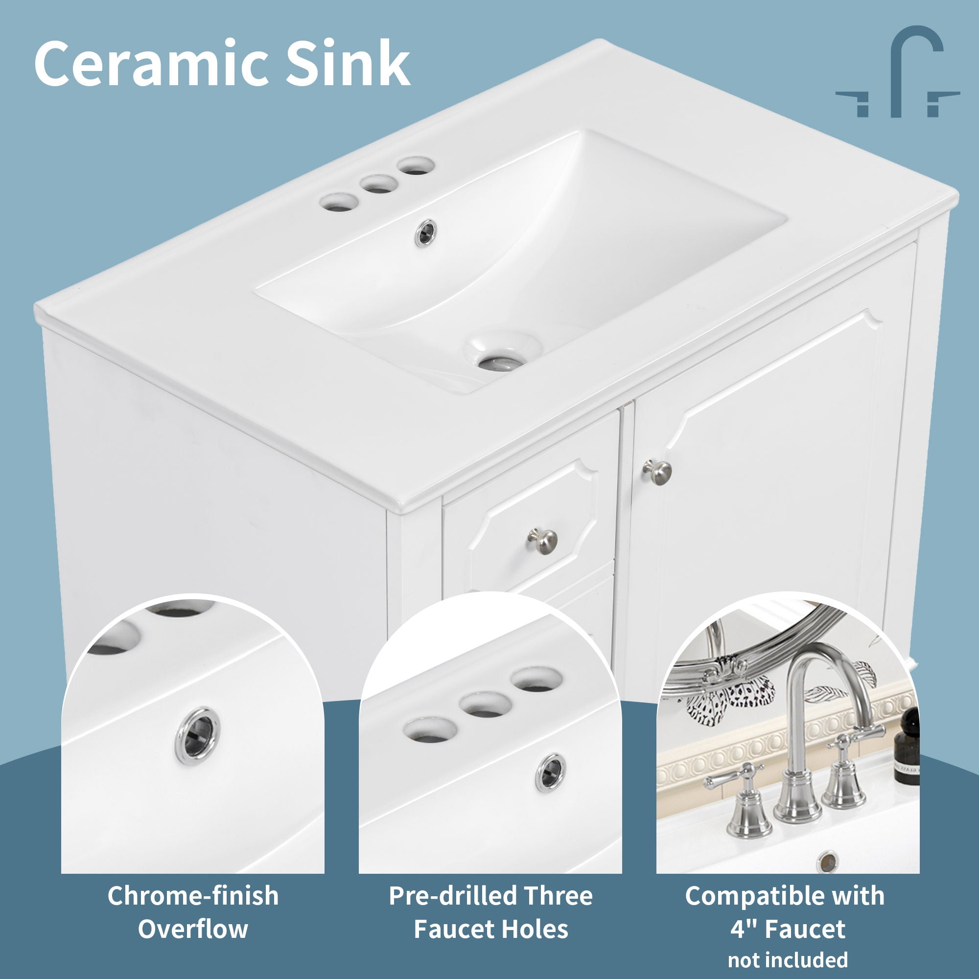 Bathroom Vanity With Sink, Freestanding Vanity Cabinet With Ceramic Basin, Soft Close Door, 3 Drawers
