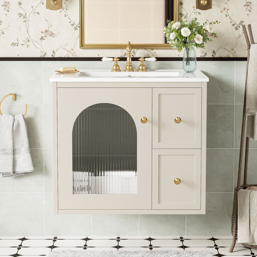 Wall-Mounted Bathroom Vanity Set With Sink, 2 Drawers And Soft-Close Door