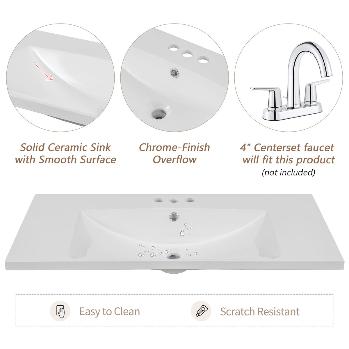 36" Single Bathroom Vanity Top With Undermount Basin, 3 Faucet Holes, Flat Edge - White