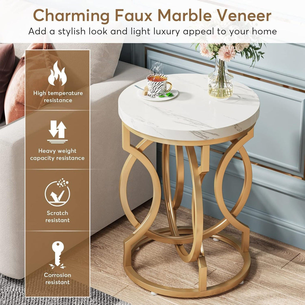 Round End Table With O-Shaped Base - White / Gold