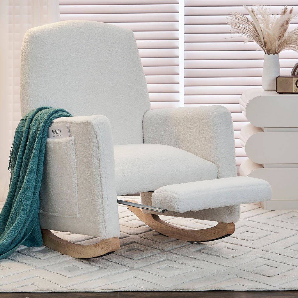 Teddy Fabric Nursery Rocking Chair With Adjustable Footrest - Ivory
