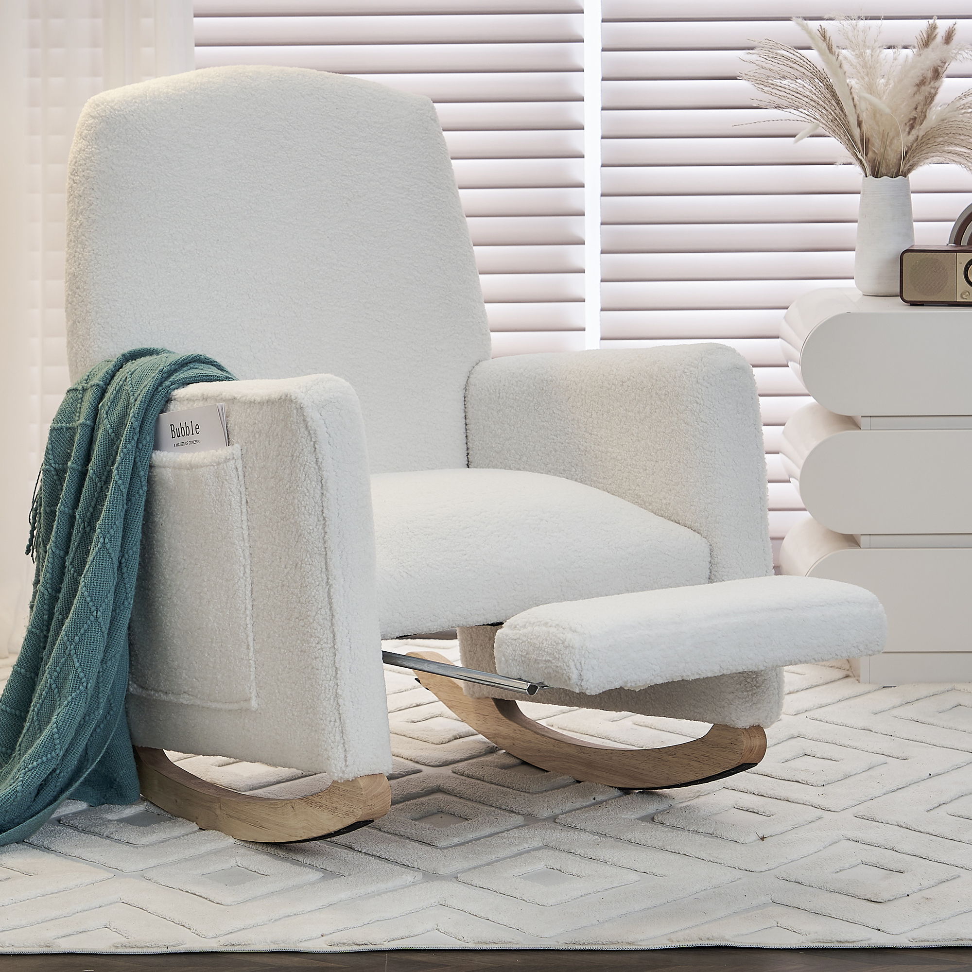 Teddy Fabric Nursery Rocking Chair With Adjustable Footrest - Ivory
