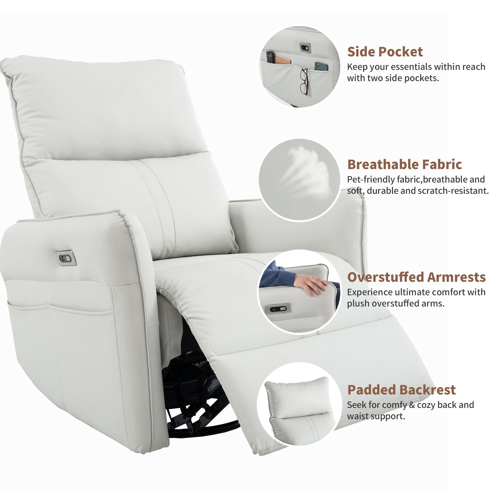 29.92" 270 Power Swivel Rocker Recliner Chair, Electric Glider Reclining Sofa With USB Ports, Power Swivel Glider, Rocking Chair Nursery Recliners For Living Room Bedroom