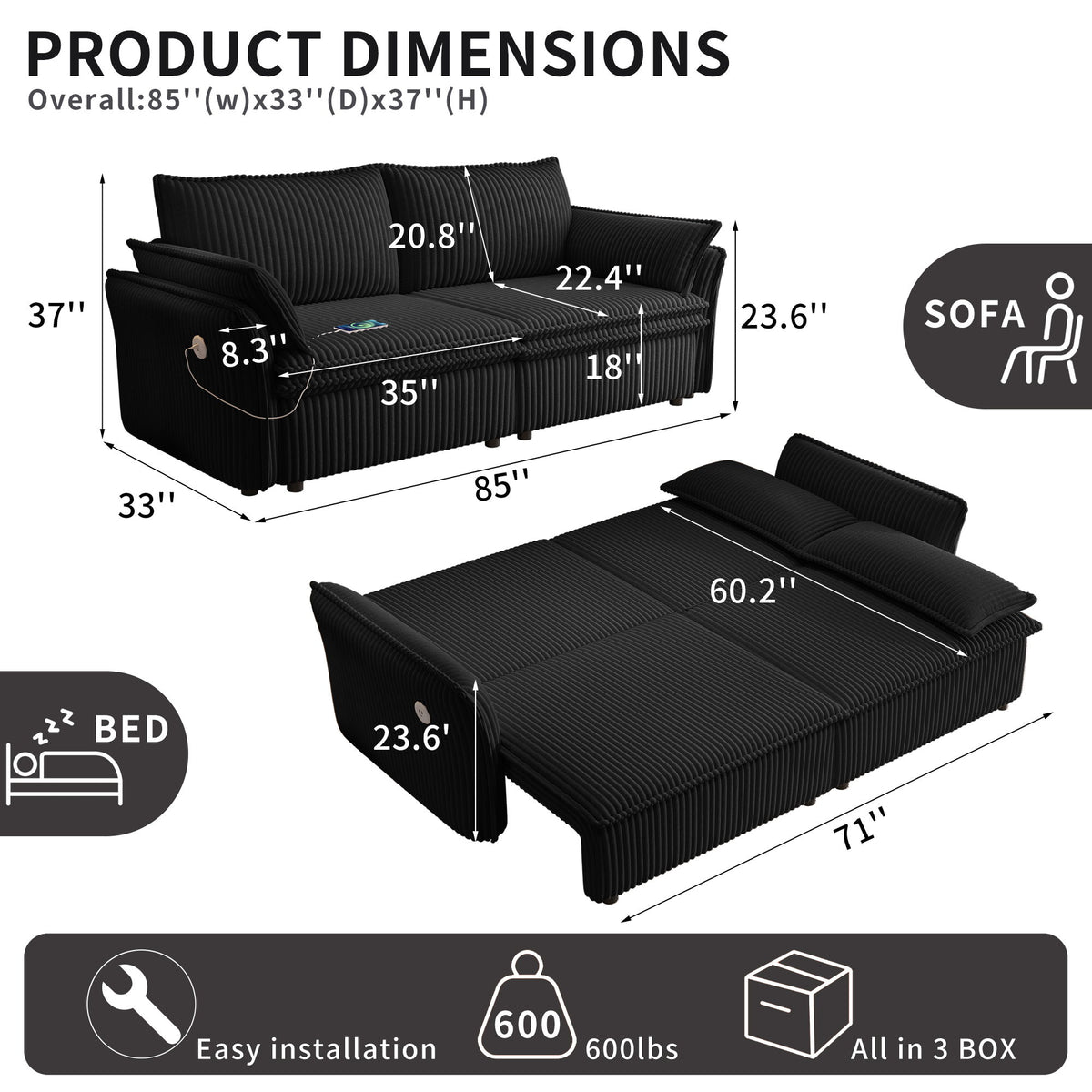 2 In 1 Convertible Sofa Bed, Multi Functional Living Room Furniture