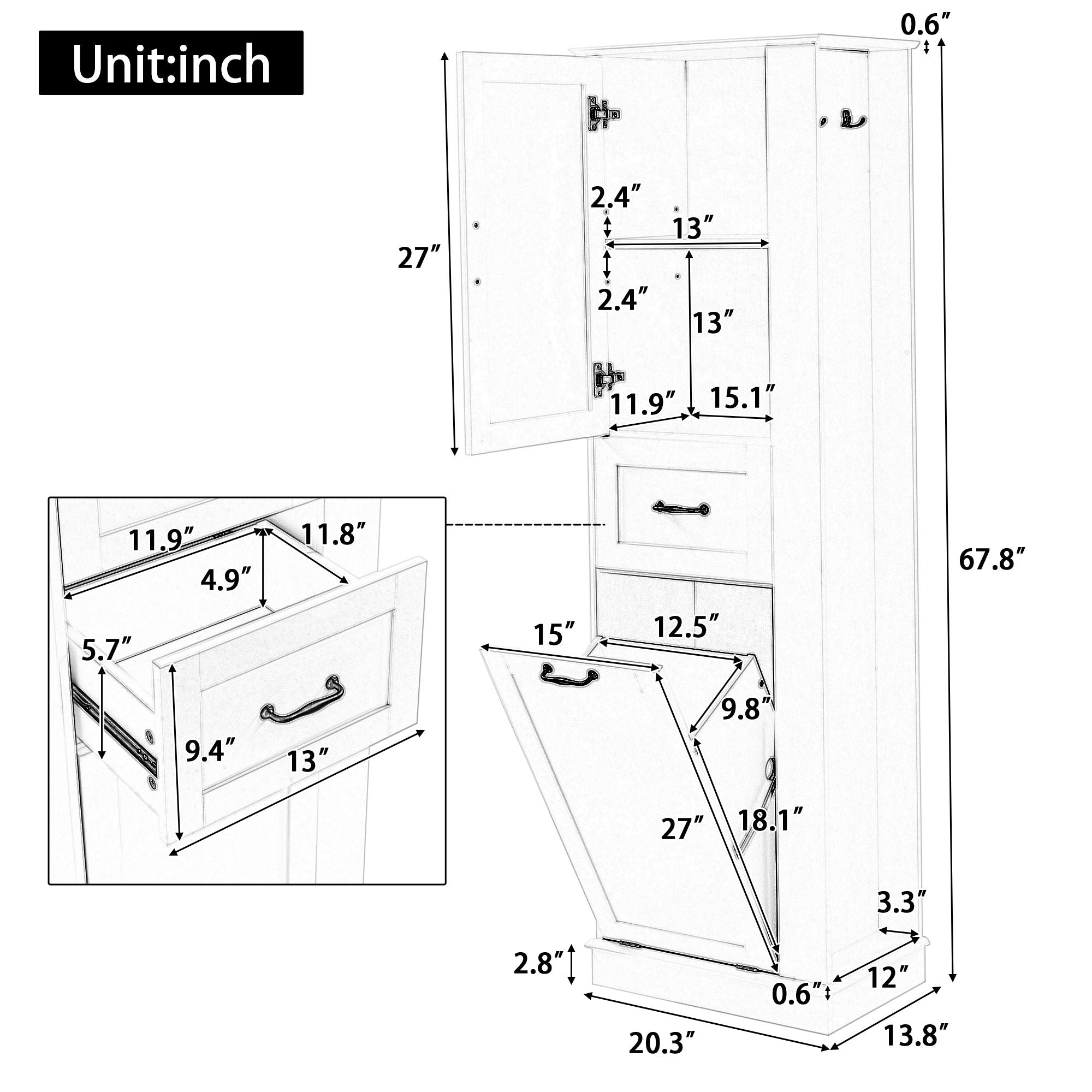Modern Tall Storage Cabinet With Tilt-Out Compartment, Adjustable Shelves