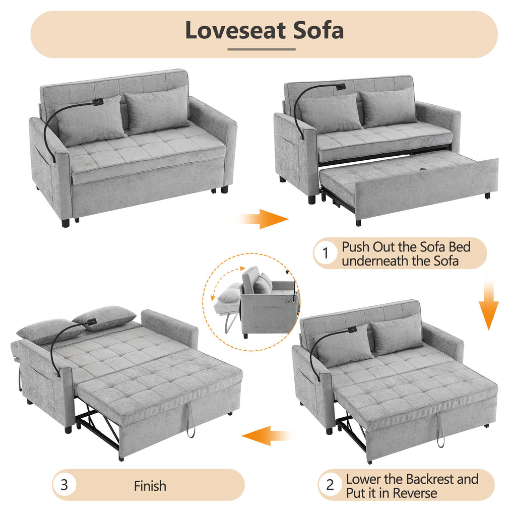 Pull-Out Sleeper Sofa With Reversible Backrest Cushion, Side Pockets, 2 USB Ports And A Phone Holder For Living Room