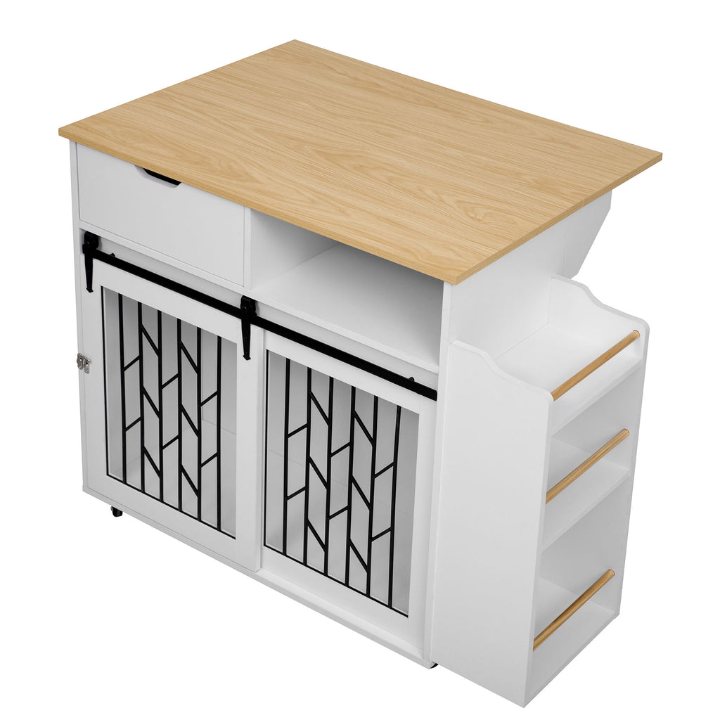 Modern Style 2 In 1 Pet Friendly Dog Crate Kitchen Island End Table Metal Pine - Natural / White