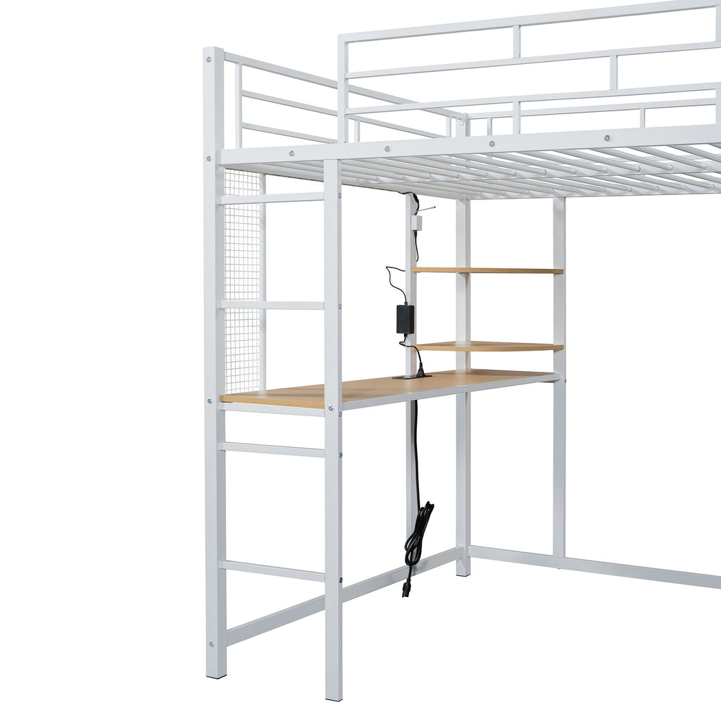 Loft Bed With Desk, Shelves, Power Outlet, LED Light And Wardrobe