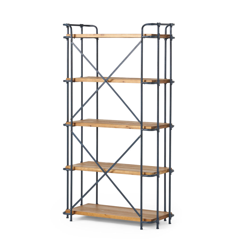 Yorktown - Industrial 5 Shelf Bookcase With Metal Pipework And Solid Fir - Natural