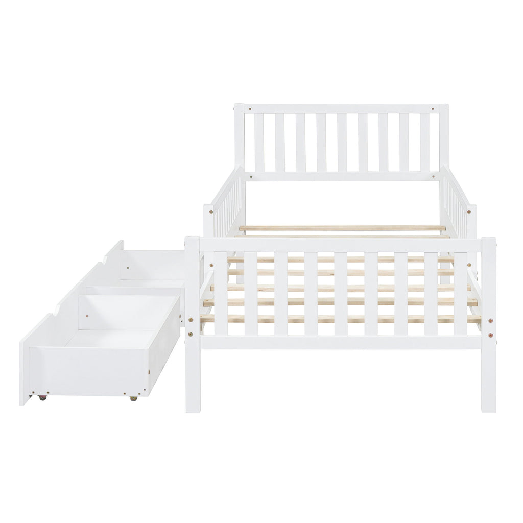 Platform Bed With Guardrails On Both Sides And 2 Storage Drawers