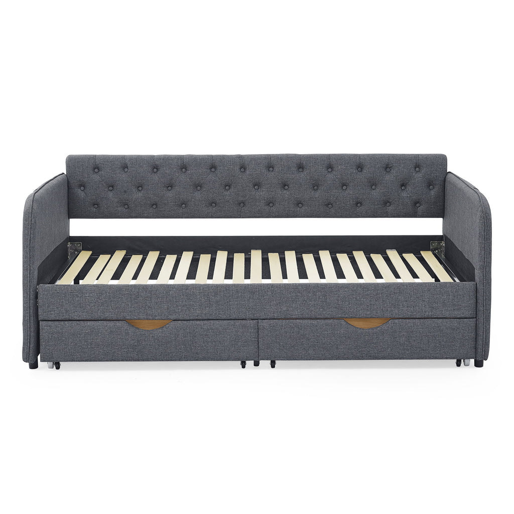 Daybed With Trundle And Storage Drawers, Flat Arms With Pocket