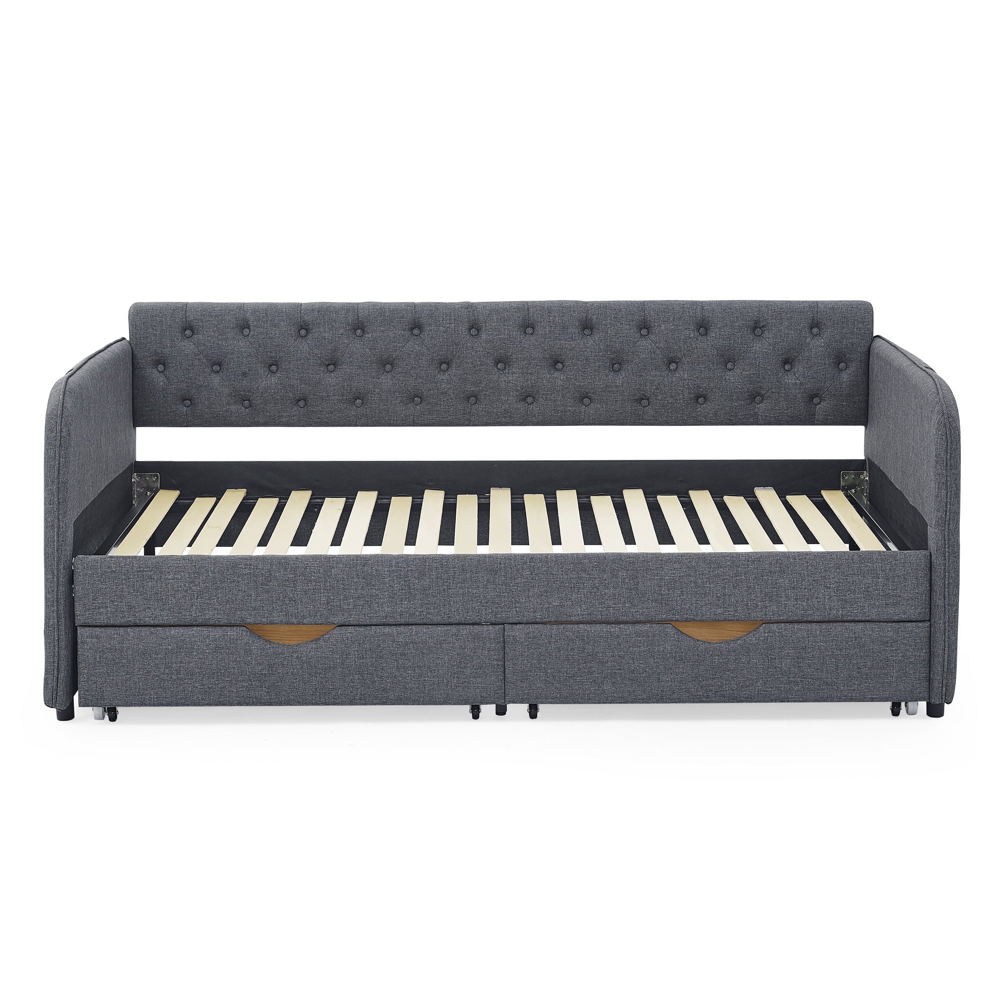 Daybed With Trundle And Storage Drawers, Flat Arms With Pocket