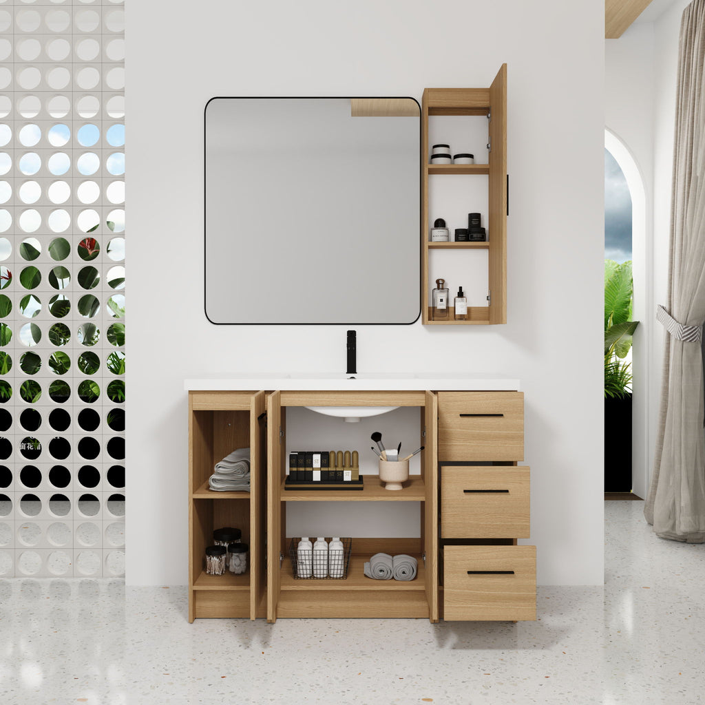 Freestanding Bathroom Vanity Set With Tall Side Cabinet, 3 Drawers And 3 Door Cabinet, Integrated Sink, Large Storage - Glossy White / Light Oak