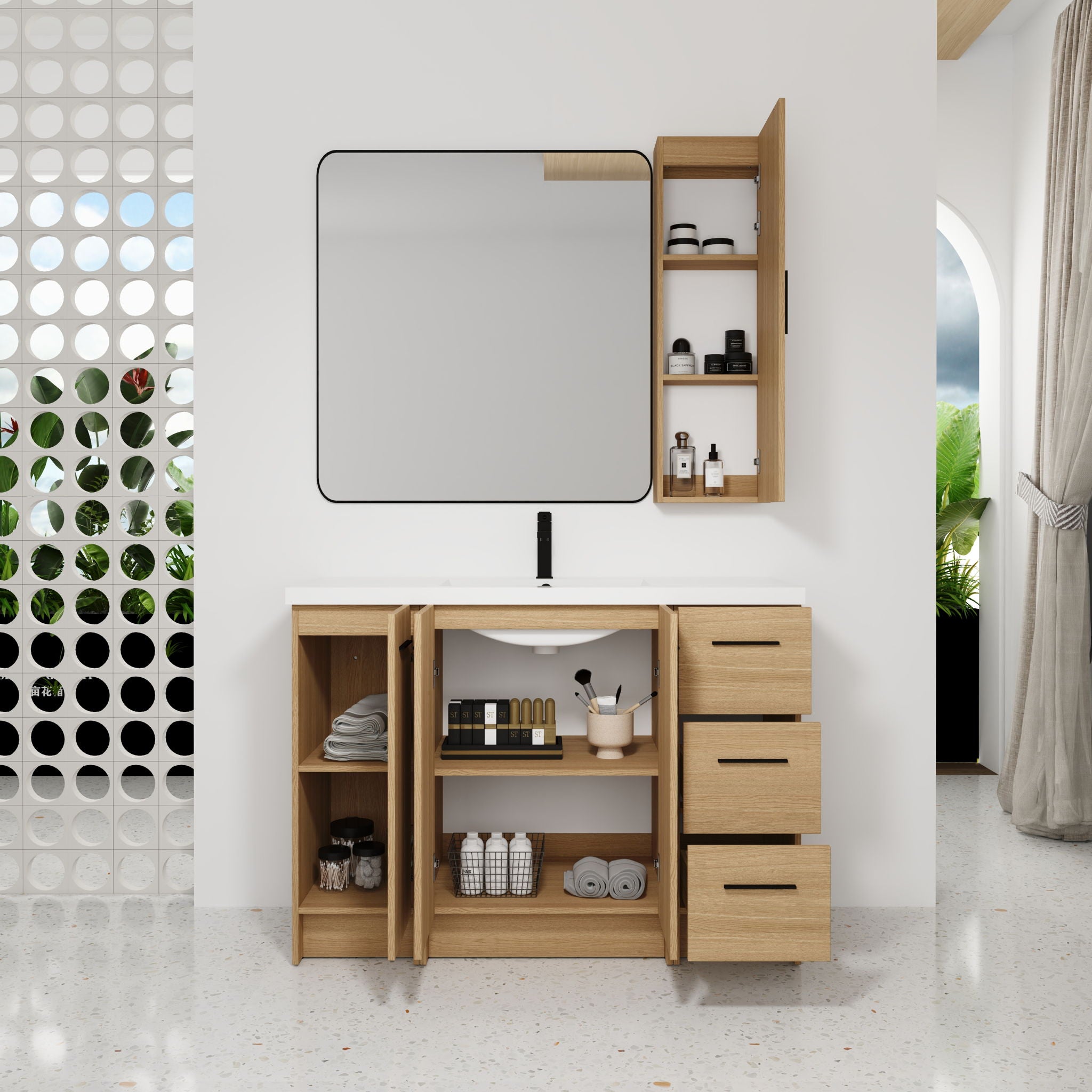 Freestanding Bathroom Vanity Set With Tall Side Cabinet, 3 Drawers And 3 Door Cabinet, Integrated Sink, Large Storage - Glossy White / Light Oak