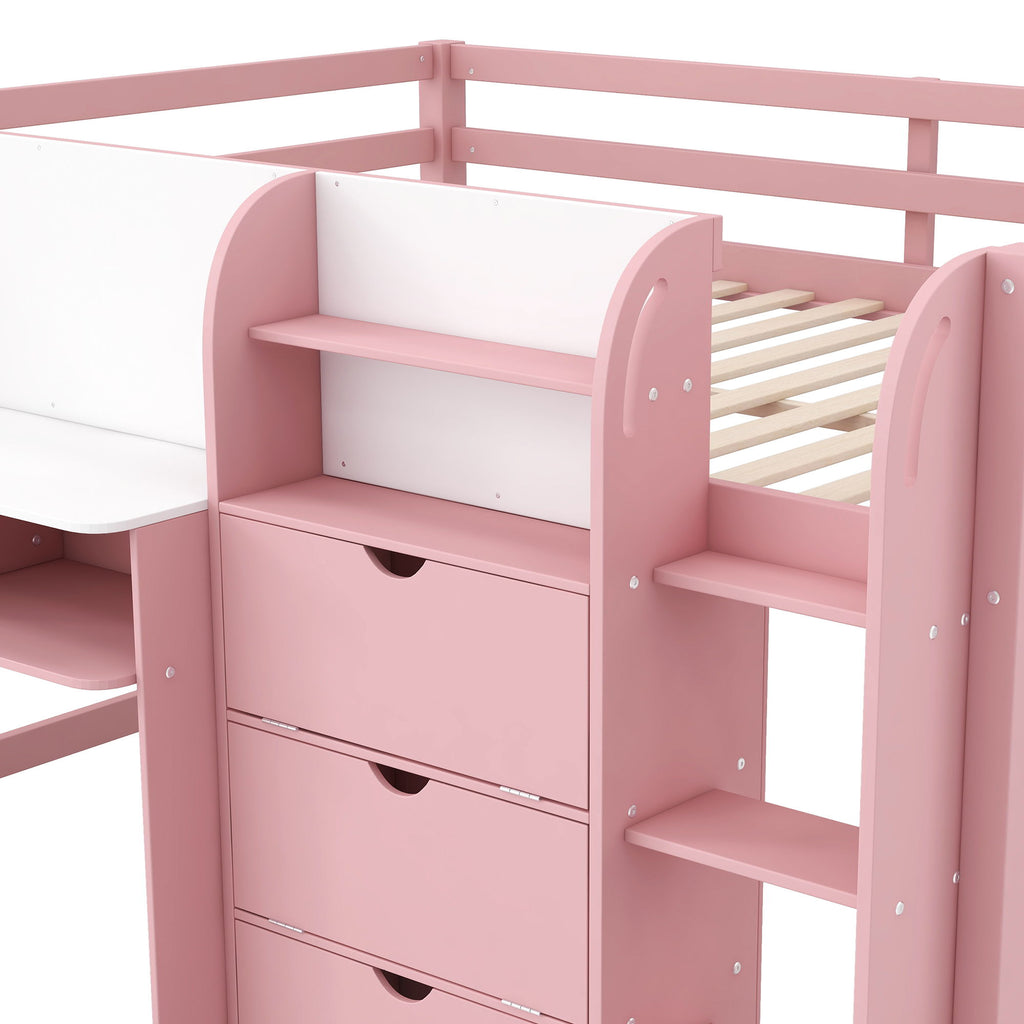 Low Loft Bed With Built In Desk, Storage Cabinets, Open Bookcase And Doodle board