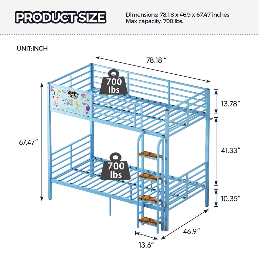 Bunk Bed, Convertible To 2 Separate Twin Size Beds & Full Length Guardrail & Ladder, No Box Spring Needed - Blue