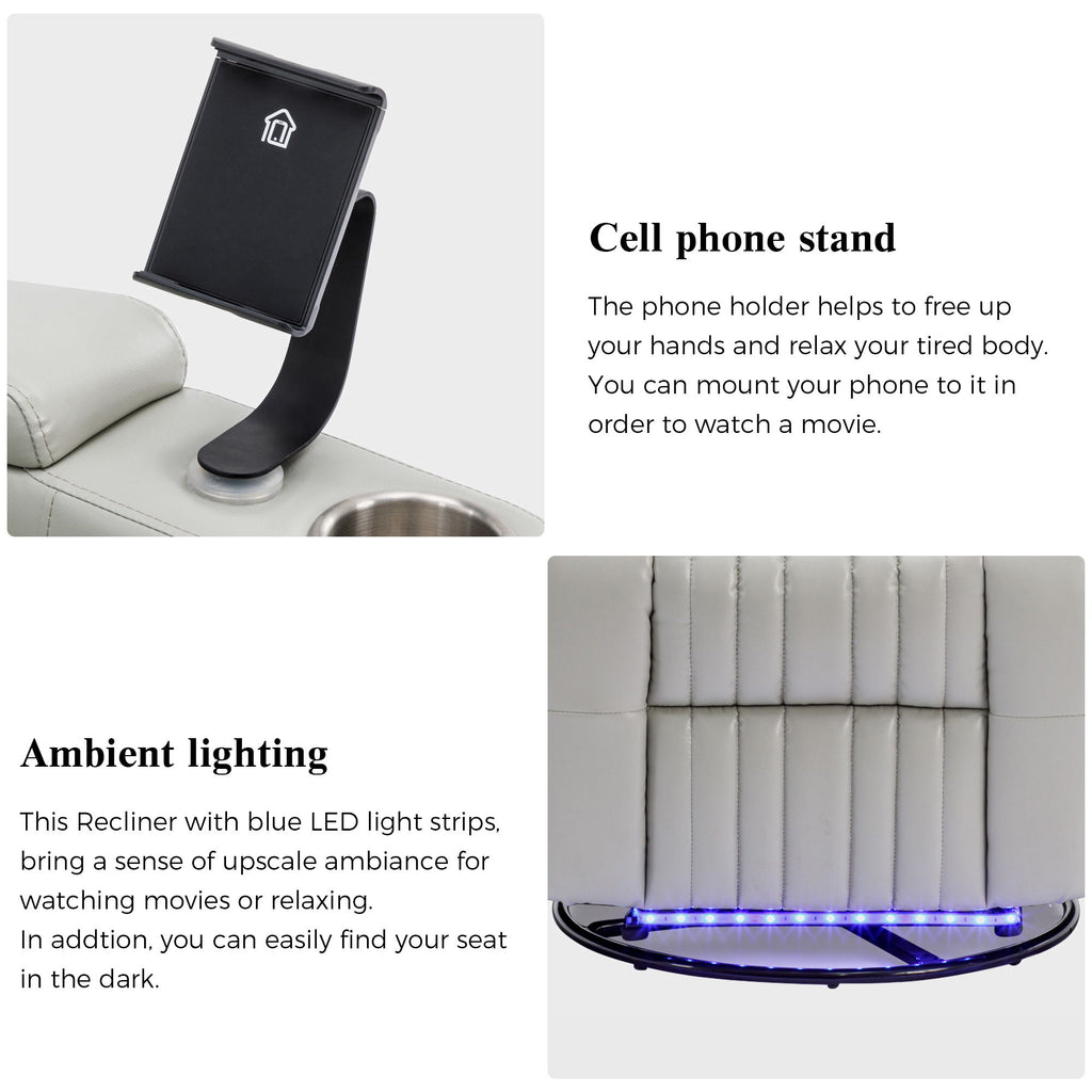 270° Power Swivel Recliner Home Theater Chair With Hidden Arm Storage, LED Light, Cup Holder, And Tray Table