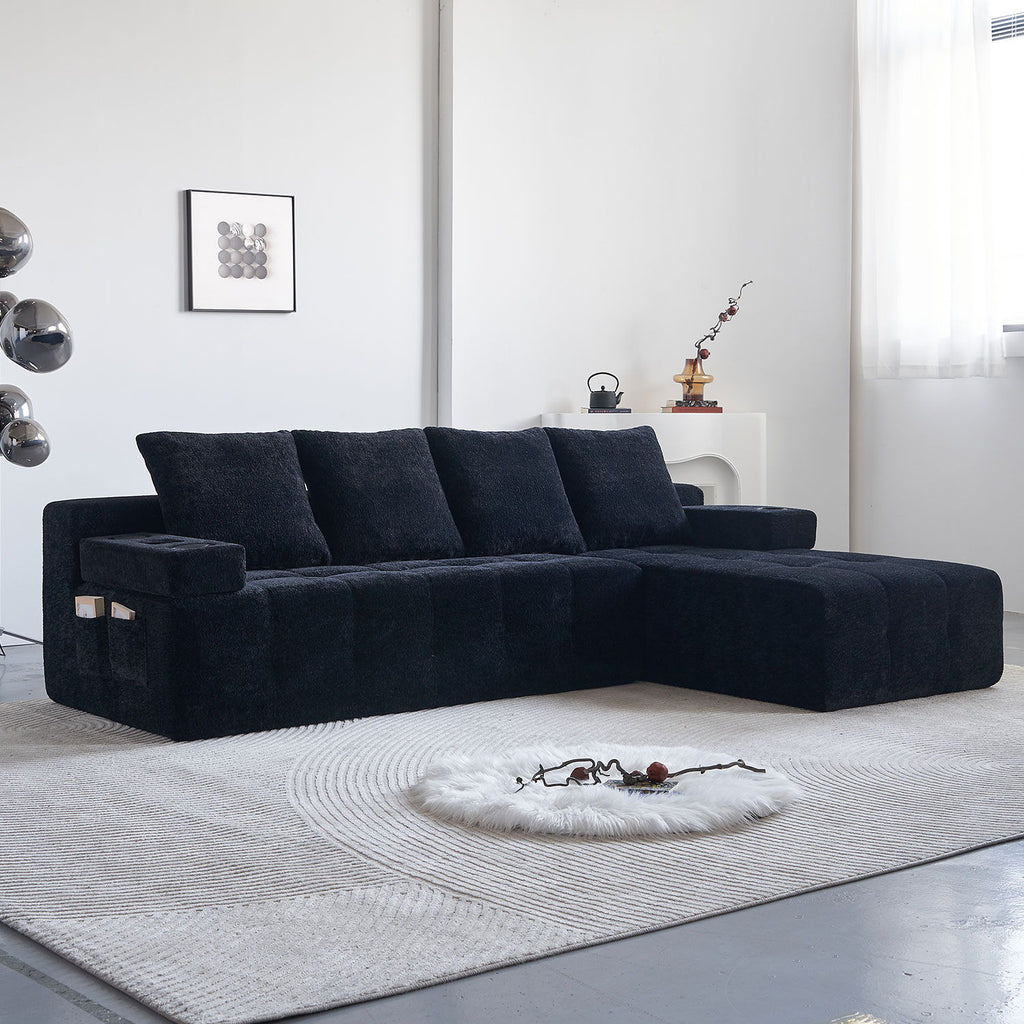 L - Shaped Sectional Sofa With Side Pockets, Wireless Charging, USB Ports, Cup Holder, Bluetooth Speaker, Reversible Lounge Chaise - Black