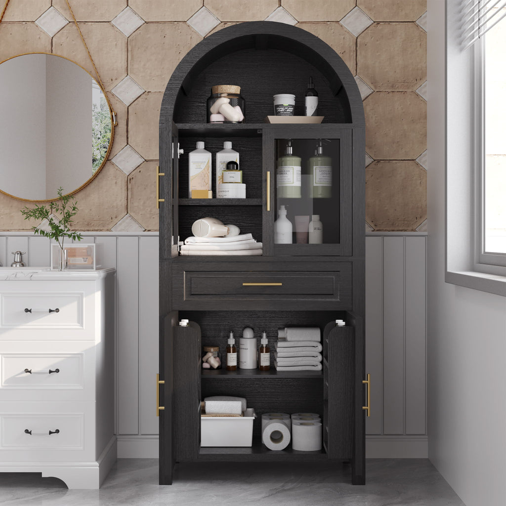 Arched Kitchen Pantry Cabinet With Adjustable Shelves And Barn Door Design