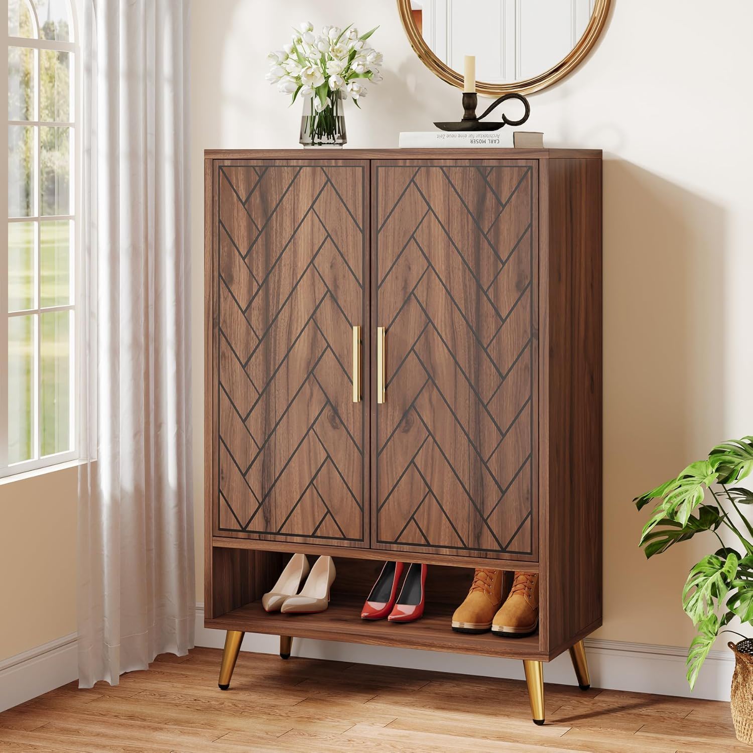 6 Tier Wooden Entryway Shoe Cabinet, Wide Storage Unit For 24 Pairs Of Shoes - Walnut