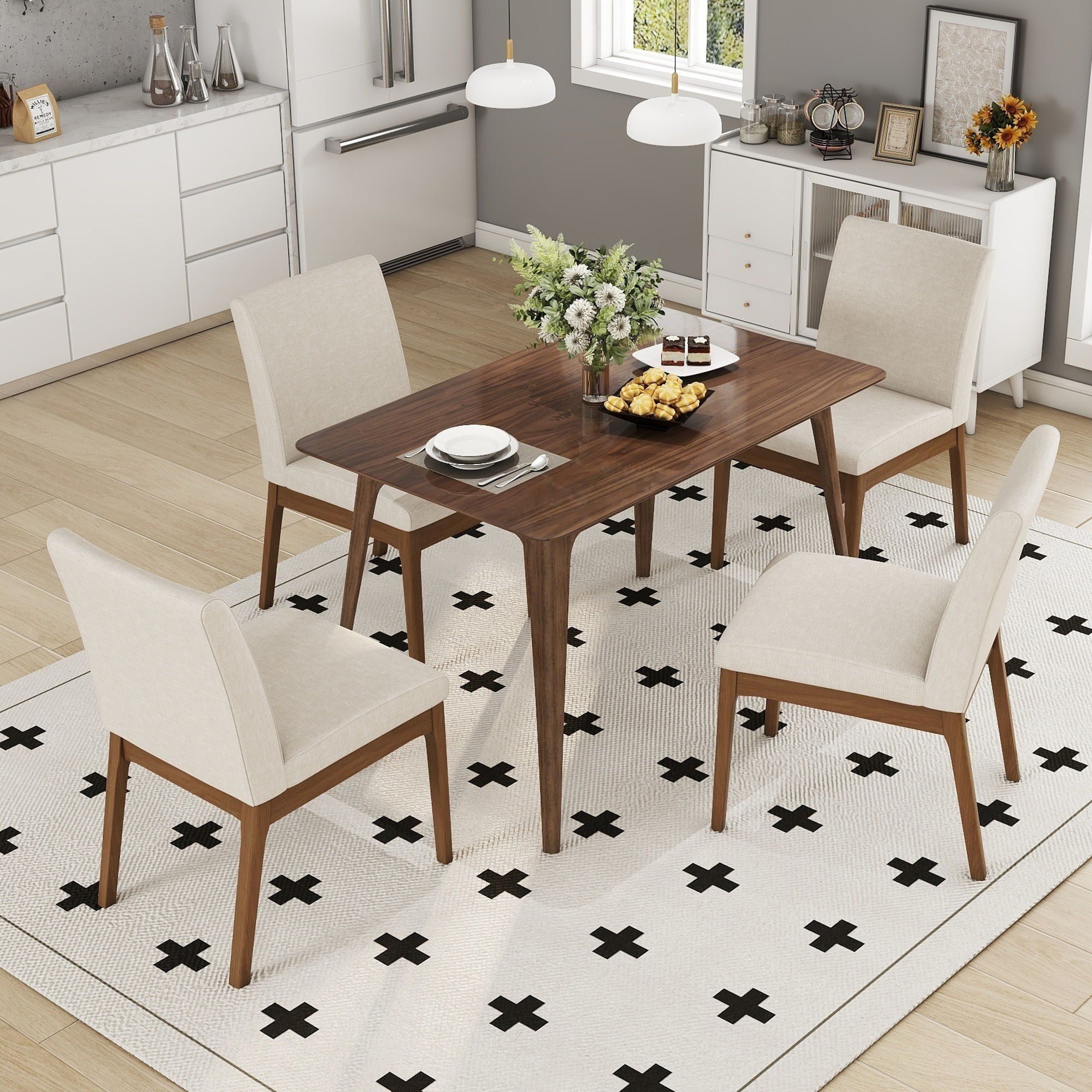 5 Piece Dining Set With Table And Upholstered Chairs - Light Beige / Walnut