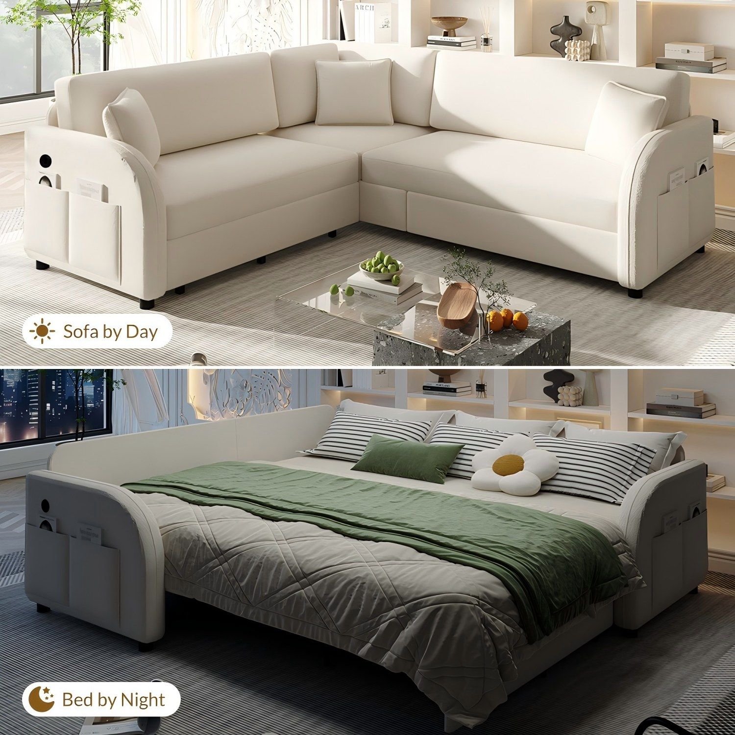 L-Shaped Couch With Pull-Out Bed, Oversize Convertible Sleeper Sofa With Side Pocket & USB Port