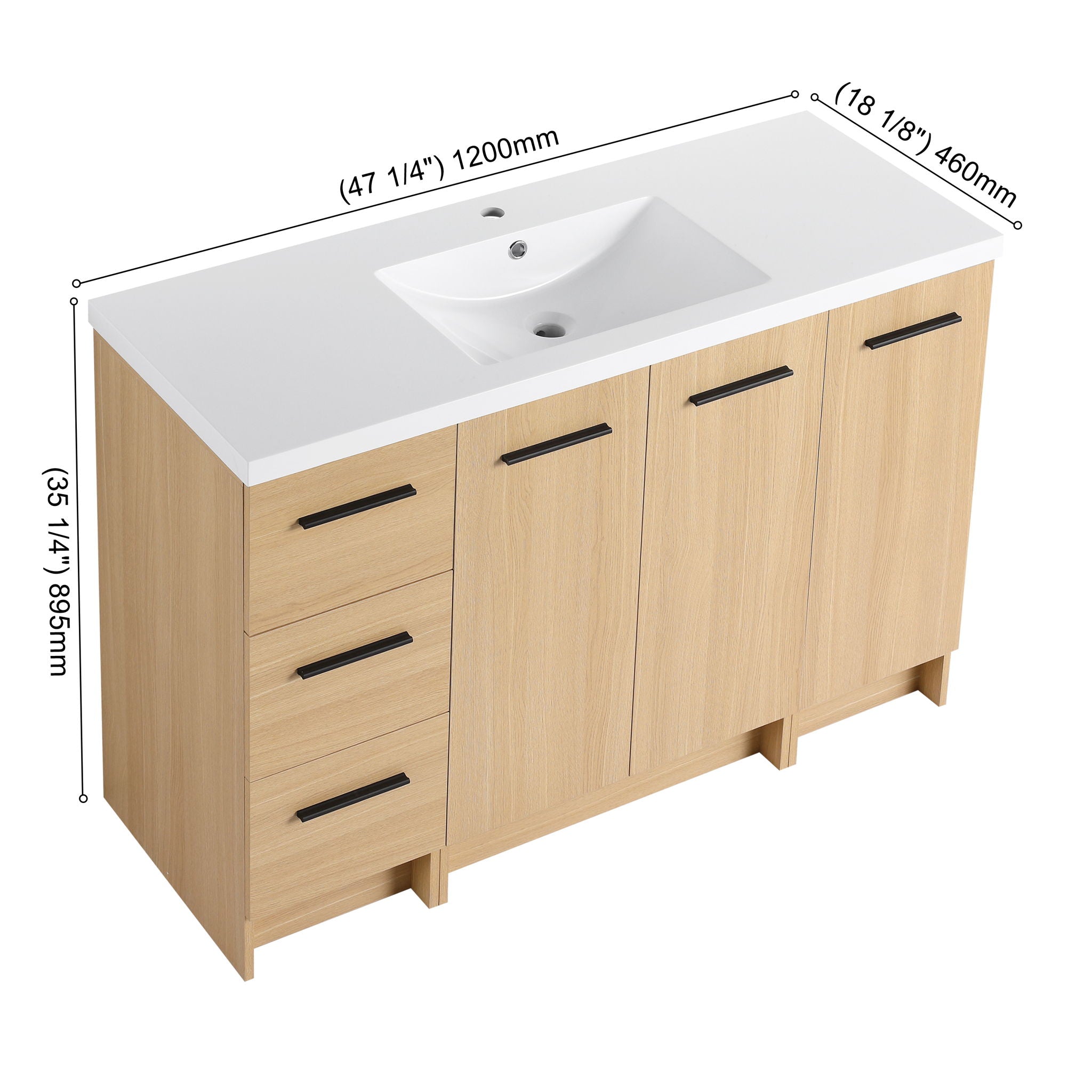 Freestanding Bathroom Vanity Set With Tall Side Cabinet, 3 Drawers And 3 Door Cabinet, Integrated Sink, Large Storage - Glossy White / Light Oak
