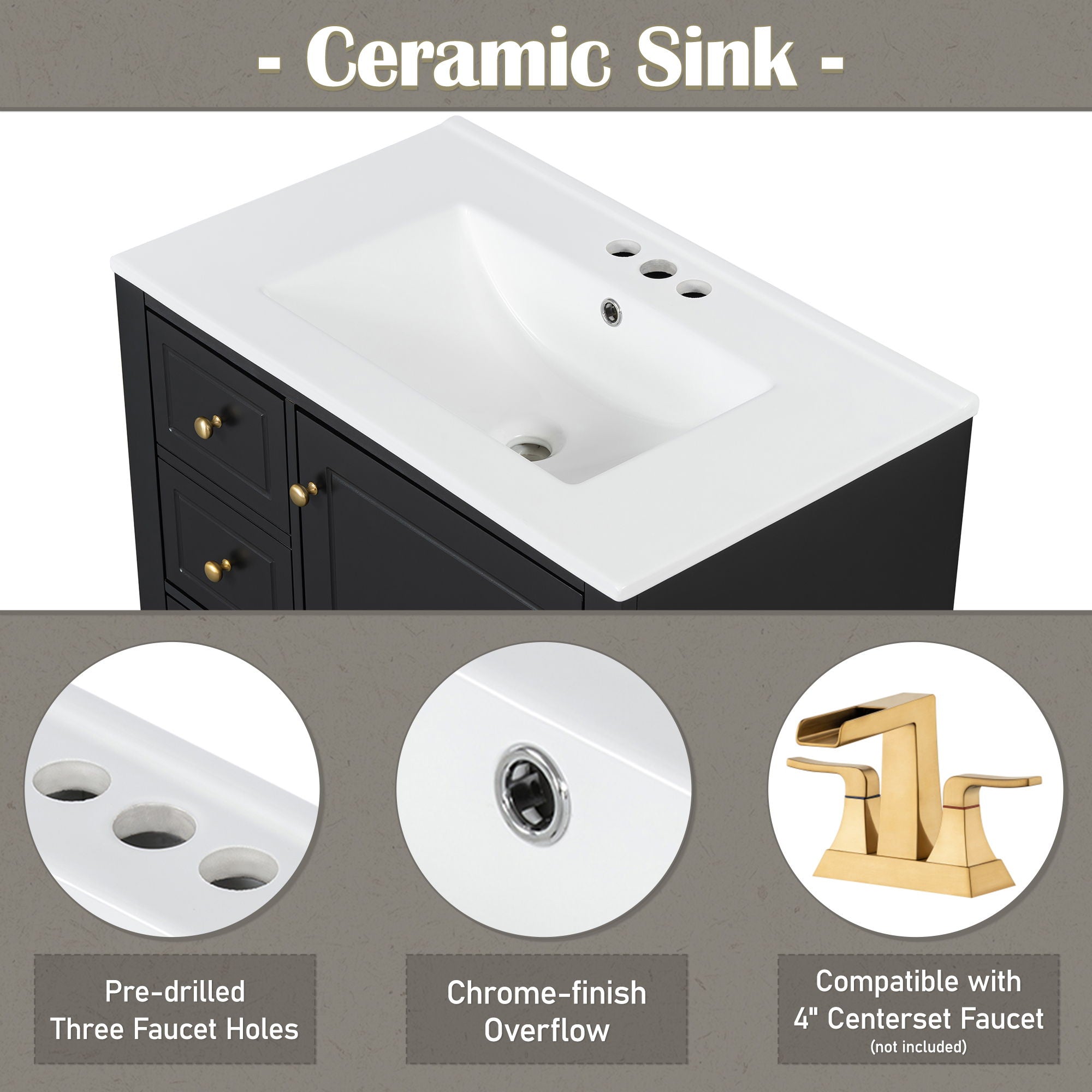 Freestanding Bathroom Vanity With Sink, Soft Close Door, 3 Drawers