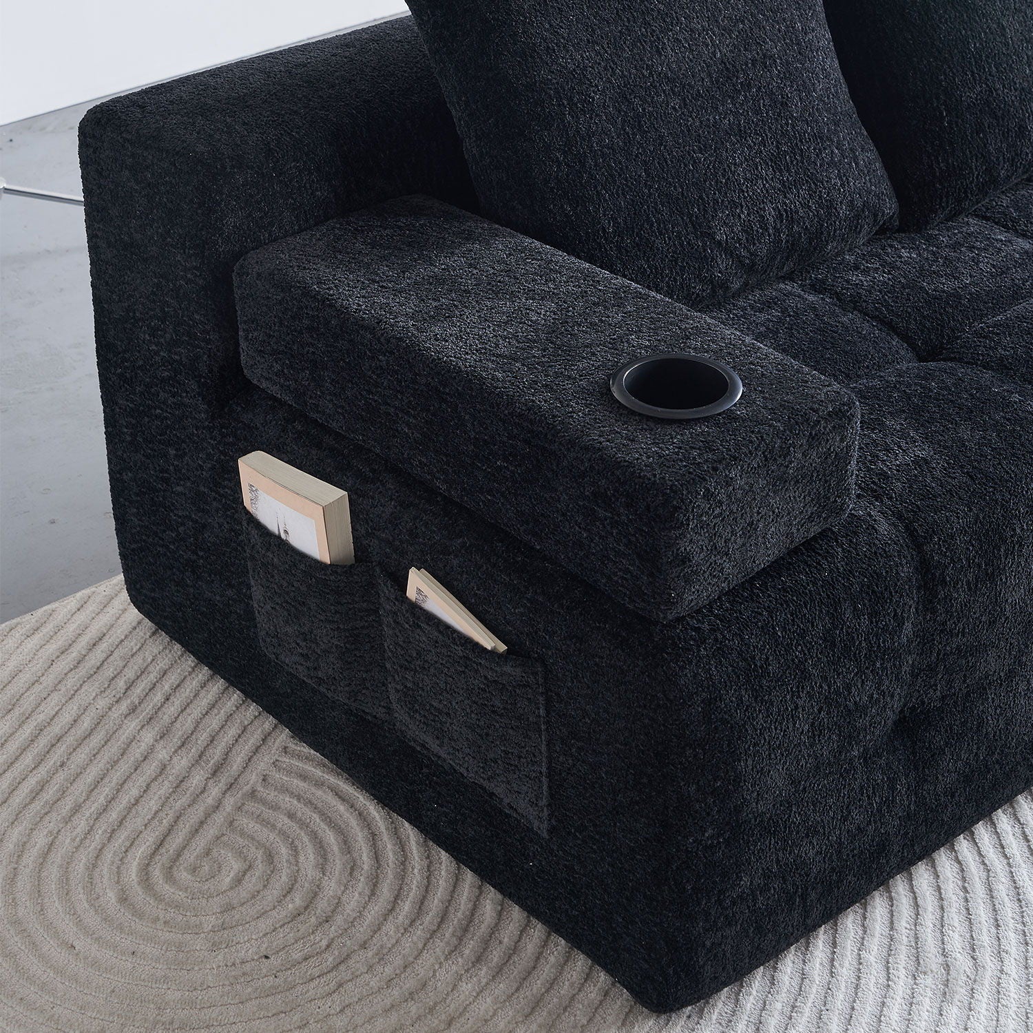 L - Shaped Sectional Sofa With Side Pockets, Wireless Charging, USB Ports, Cup Holder, Bluetooth Speaker, Reversible Lounge Chaise - Black