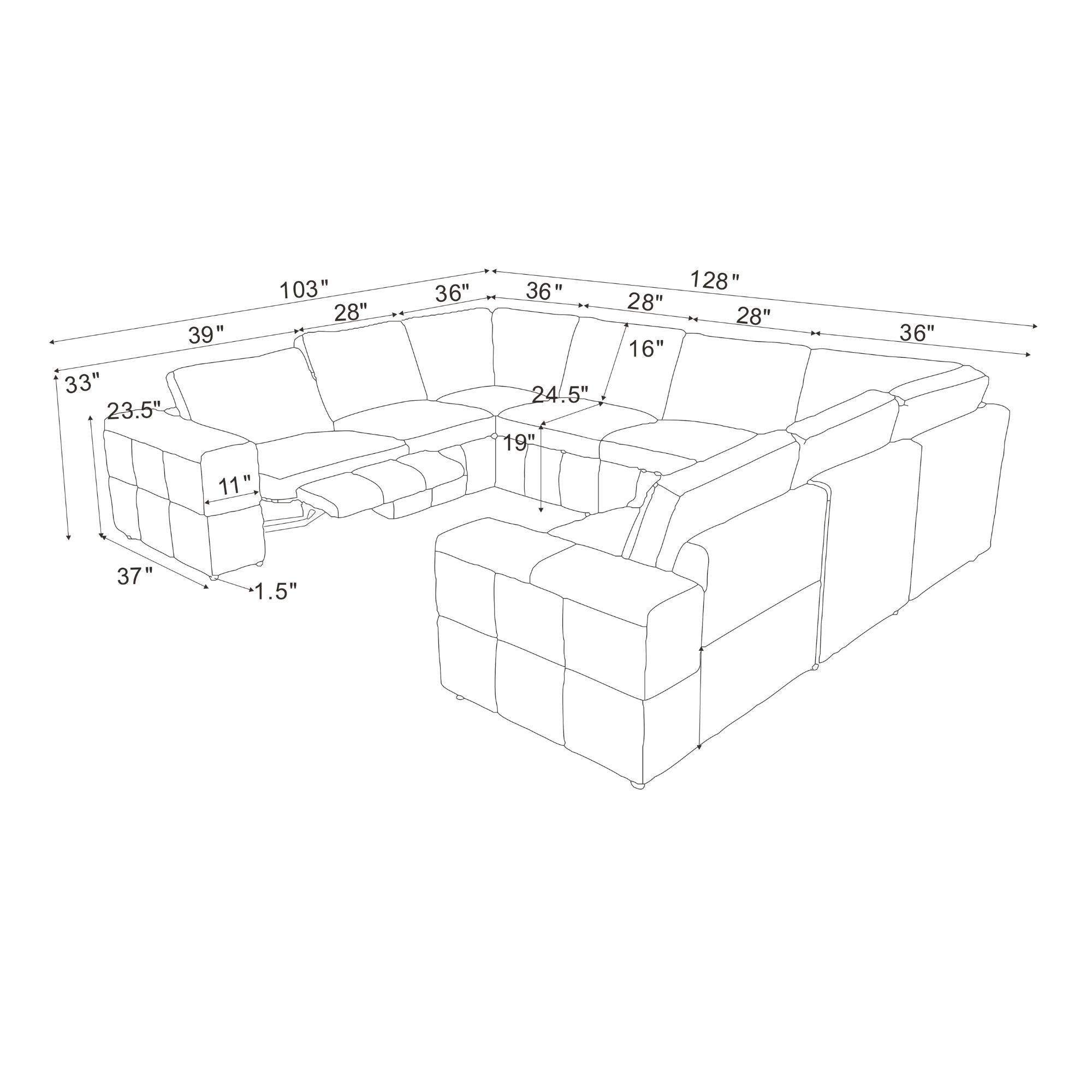 Upholstered Large Arms Sectional With Recliner Seats