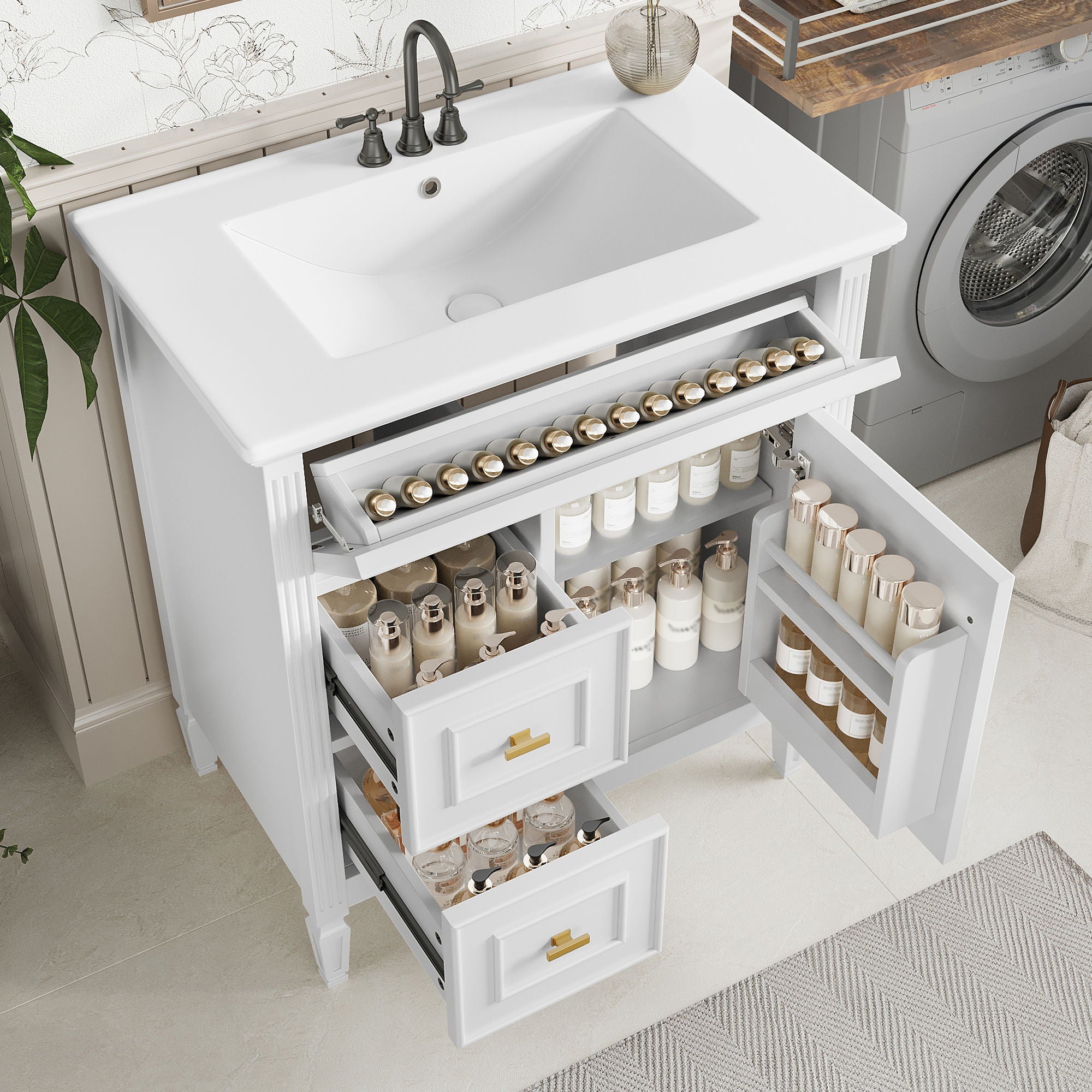 Modern Bathroom Vanity With Sink, 1 Flip Drawer And 2 Drawers, Adjustable Shelf