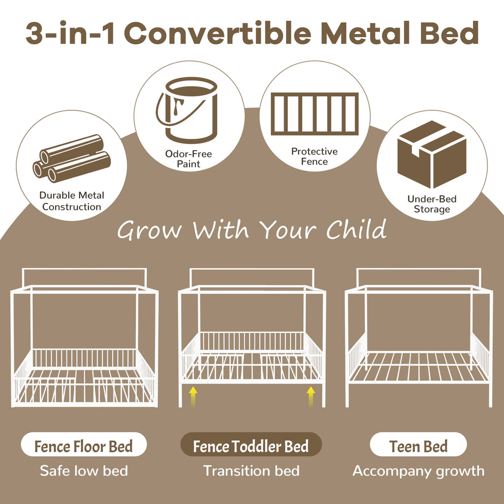 3 In 1 Convertible Montessori Floor Bed With Fenced Support
