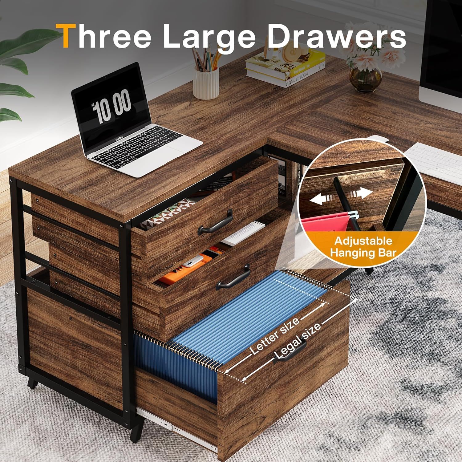 L-Shaped Computer Desk With 3 Drawers And Storage Shelves, Reversible Corner Workstation For Small Rooms - Brown / Black