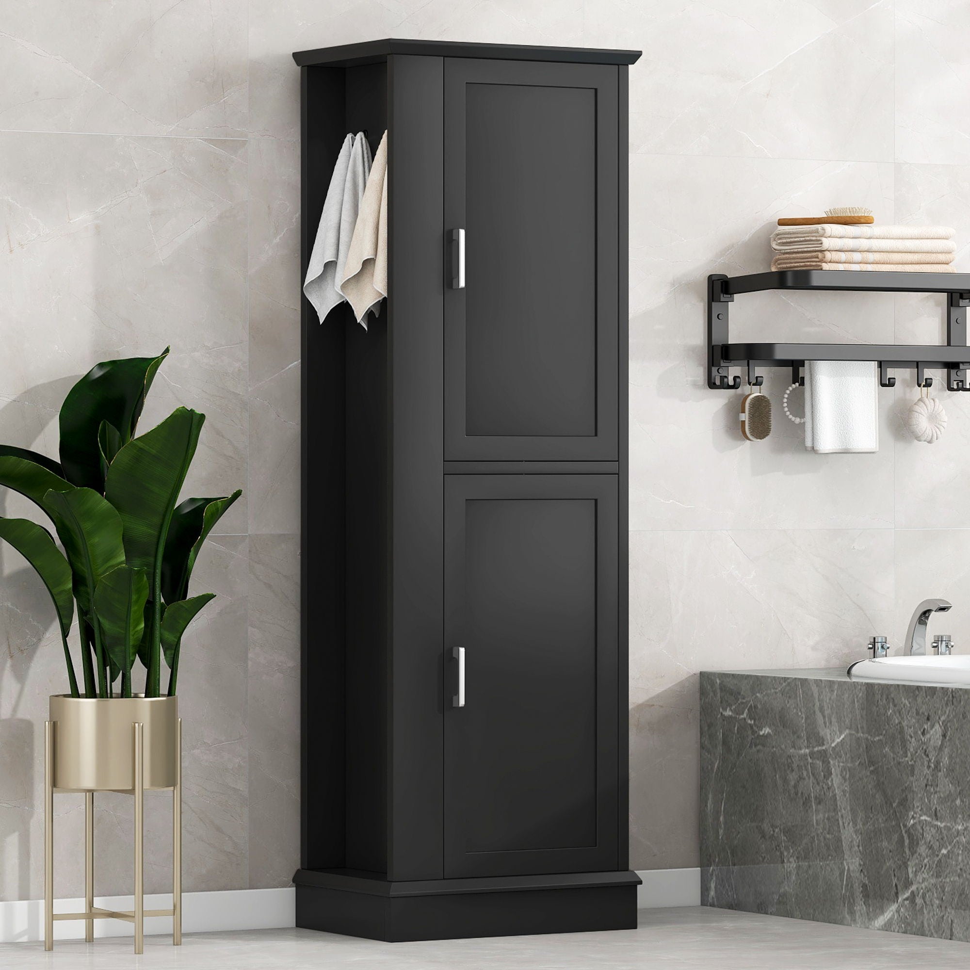 Tall Freestanding Bathroom Storage Cabinet With Adjustable Shelves And Side Hooks