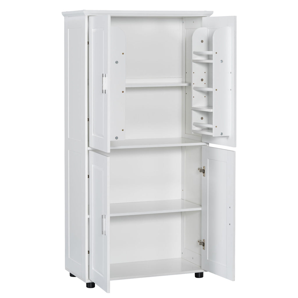 Tall And Wide Bathroom Floor Storage Cabinet With 4 Doors, Adjustable Shelves - White