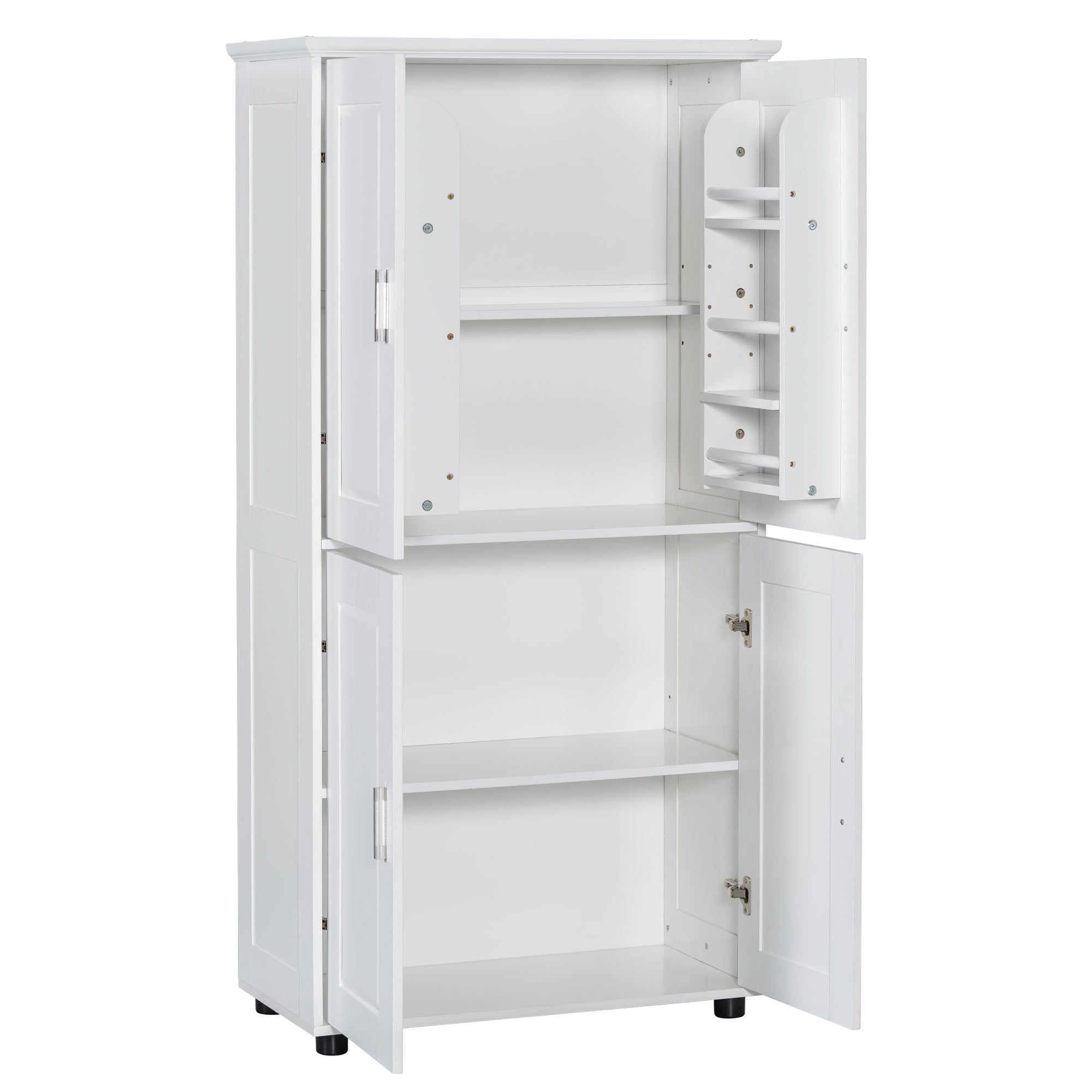 Tall And Wide Bathroom Floor Storage Cabinet With 4 Doors, Adjustable Shelves - White