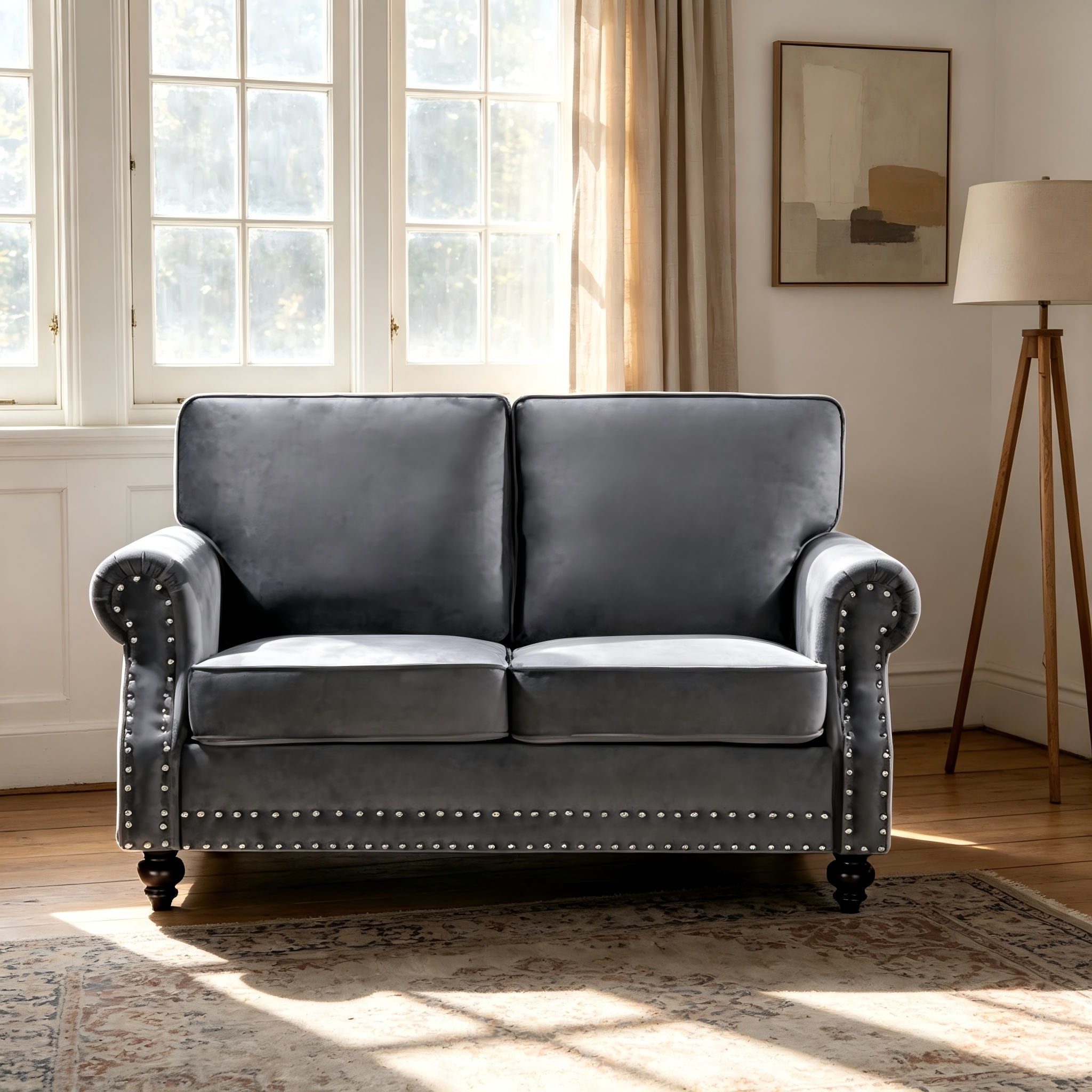 Loveseat Sofa With Nailhead Detail & Turned Legs, 2 Seater Upholstered Couch