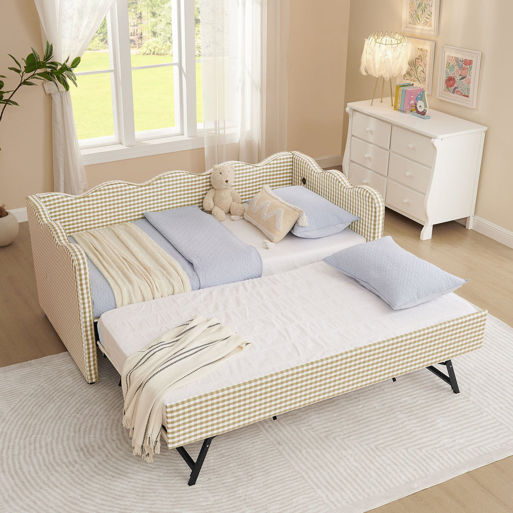 Gingham Daybed With USB Charging Port, Wave-Shaped Design