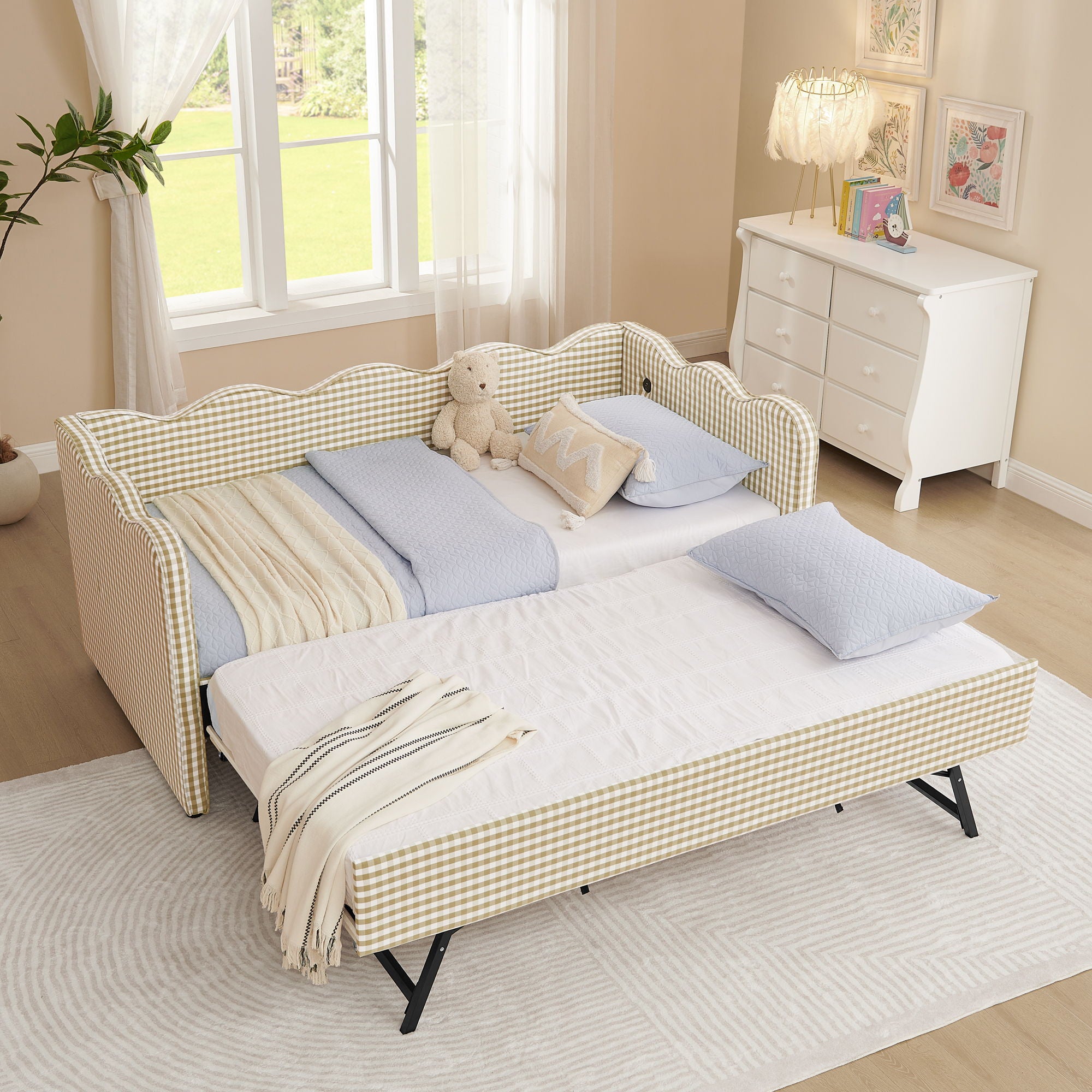 Gingham Daybed With USB Charging Port, Wave-Shaped Design