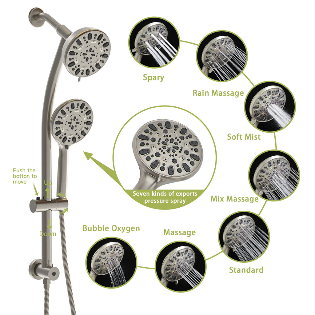 Multi Function Dual Shower Head Shower System With 4.7" Rain Showerhead, 7 Function Hand Shower, Adjustable Slide Bar - Brushed Nickel