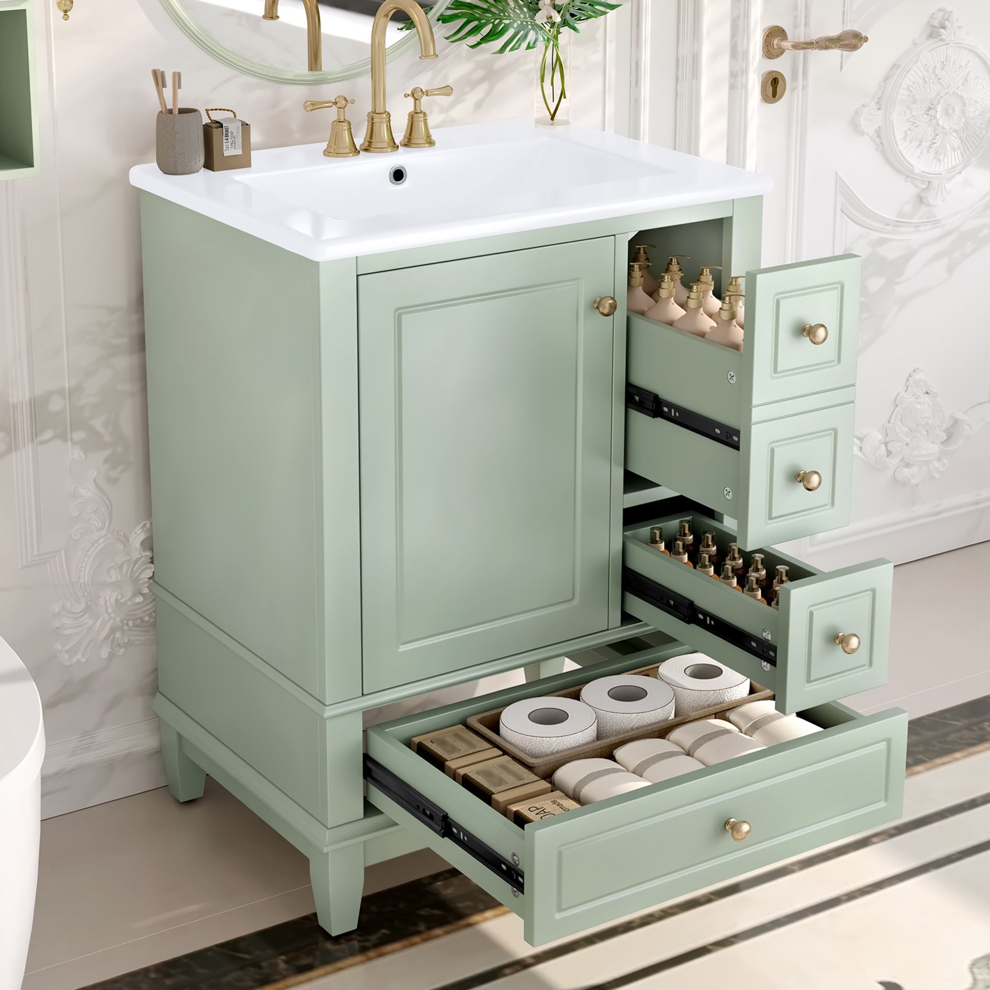 Modern Bathroom Vanity With Sink, Freestanding Cabinet With Drawers And Storage Shelves