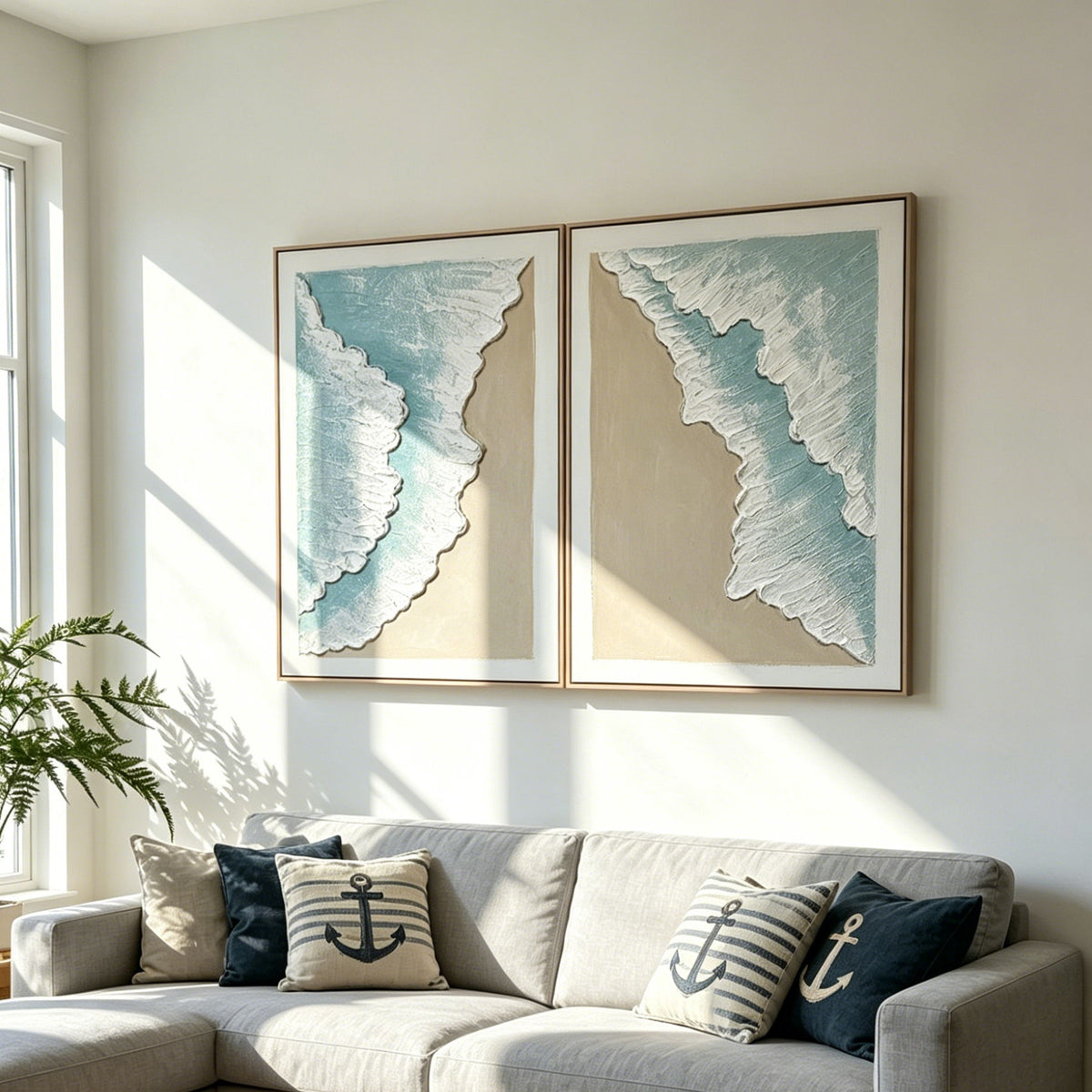 Framed Ocean Wave Wall Art, Textured Canvas Painting, Beach Decor For Living Room (Set of 2) - Aqua Blue